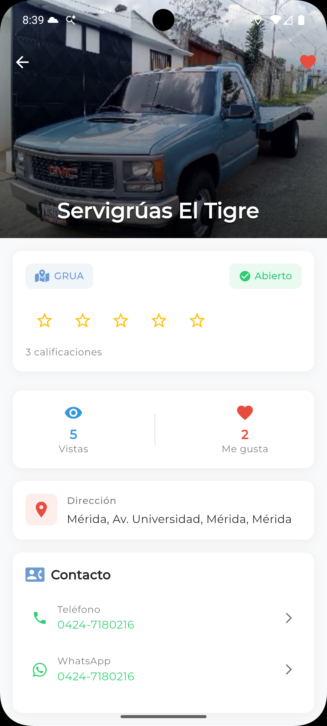Captura de pantalla de servicios disponibles